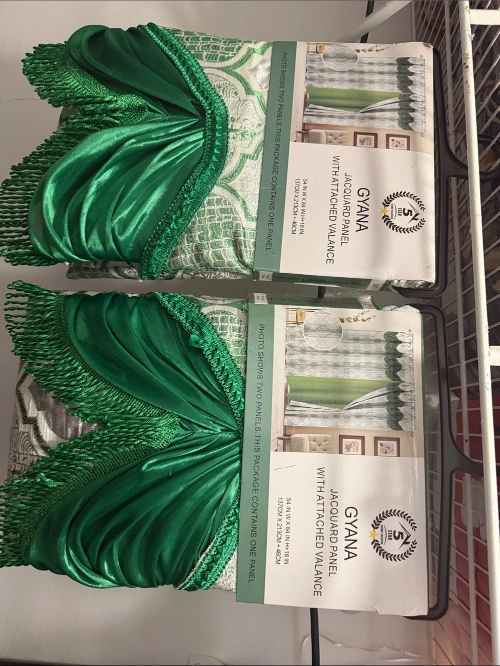 Emerald Green Jacquard Curtain Panel with Attached Valance